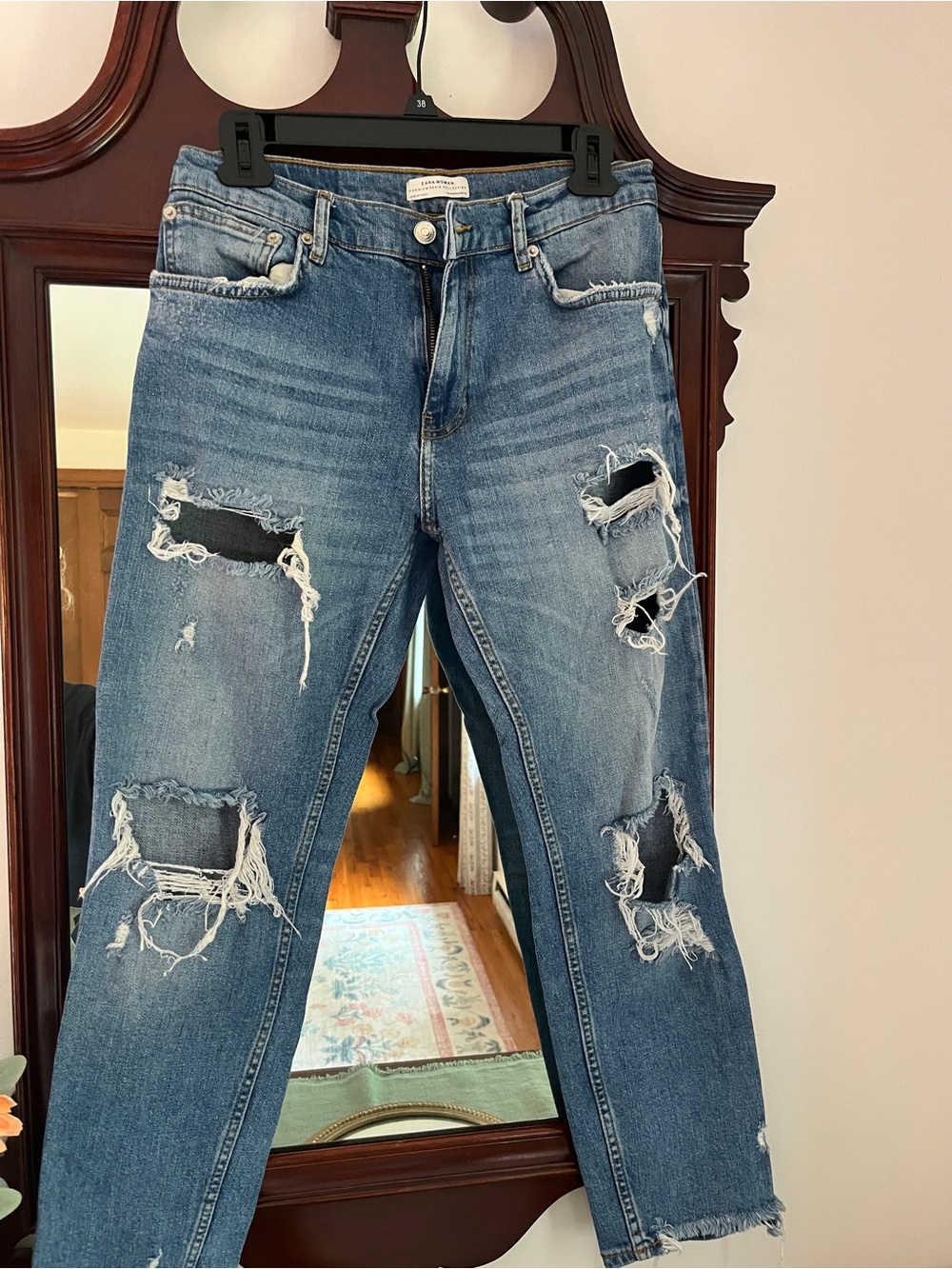 Zara Distressed Blue Ripped Straight-Leg Jeans